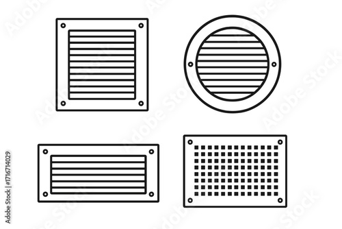 Set of industrial vent covers. Minimalist linear icons for ventilation system. Air duct grilles, exhaust fan covers for HVAC design. Outline vector illustration collection.