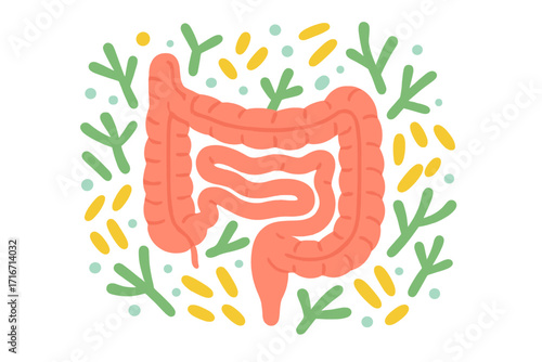 Human microbiome concept. Abstract intestines with healthy bacteria pattern. Gastroenterologist illustration. Gut flora with bifidobacterium, lactobacilli, lactic acid bacteria.