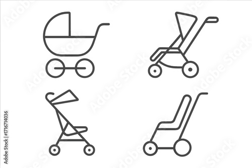Minimalist baby carriages and strollers icon set. Vector line art illustration of prams, buggies, and pushchairs for newborns, infants and toddlers. Parenting concept.