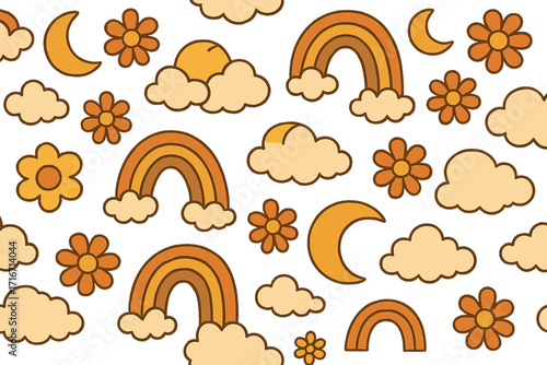 Retro summer sky seamless pattern with wavy rainbows, crescent moon, fluffy clouds, and hippie flowers for nursery and baby fashion, cute childish geometric vector design