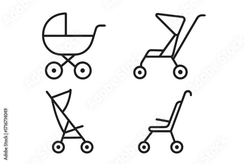 Baby carriage and stroller icon set. Minimalist line art vector illustration of a pram, pushchair, and buggy. Newborn infant transport symbols for baby care concepts.