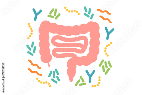 Human microbiome concept. Intestines with healthy bacteria, gut flora. Gastroenterology, probiotics, bifidobacterium and lactobacillus for good digestion. Medical vector illustration.
