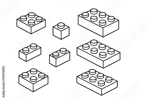 Building blocks line art collection. Constructor bricks set for kids game. Toy plastic puzzle details. Interlocking parts for construction. Vector cartoon outline illustration.