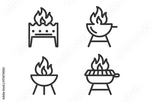 Minimalist BBQ grill icons set. Line art designs of fire pits and barbecues. Vector illustration for cooking, picnic, outdoor food. Charcoal grill flame symbols collection.