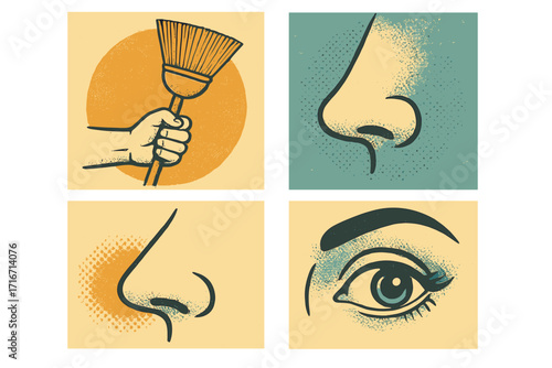 Vintage spring cleaning concept illustration set. Retro halftone collage with hand, broom, nose and eye. Vector for household chores, cleaning service, allergy, and hygiene.