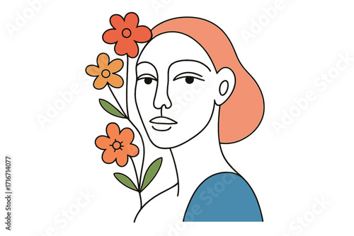 Woman face line art with flowers. Abstract floral portrait of a girl. Concept of beauty, femininity, mental health, and self-love. Contemporary minimalist vector illustration.