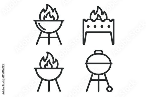 BBQ grill icons set. Minimalist line art collection of barbecue equipment. Vector symbols for charcoal grill, brazier, fire pit, and outdoor cooking. Simple outline pictogram.