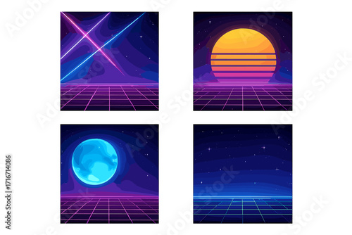 Retro 80s synthwave backgrounds set. Futuristic sci-fi landscape with neon laser grid, glowing sun and moon. Retrowave abstract space backdrop templates collection for design.