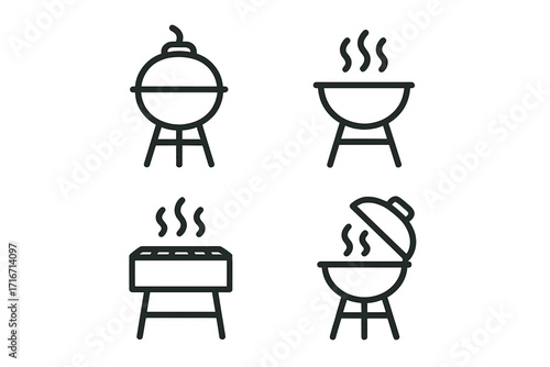 Barbecue grill line icon set. Simple vector illustration for cooking, picnic, and outdoor food concepts. Minimalist charcoal BBQ equipment with smoke symbol design elements.
