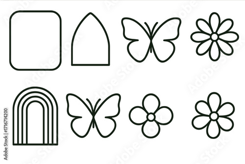 Trendy retro Y2k style minimalist line frames & elements set. Vector icons of geometric arches, butterfly silhouettes, groovy flowers. Abstract vintage 90s aesthetic graphic design.