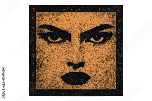 Intense woman's face in a retro futuristic grunge style. Vector portrait with a powerful stare and dithered pixel texture. Y2K aesthetic print for posters or zine art.