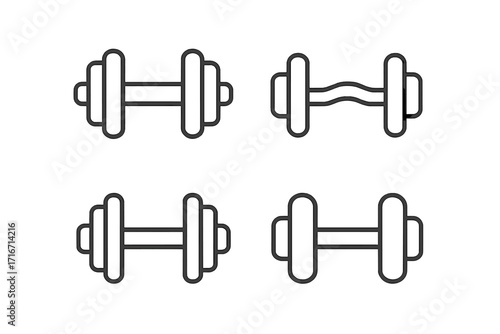 Dumbbell icon set. Linear style fitness and gym design. Vector weightlifting equipment. Simple outlines for workout. Bodybuilding sport concept. Healthy lifestyle. Minimalist exercise icons.