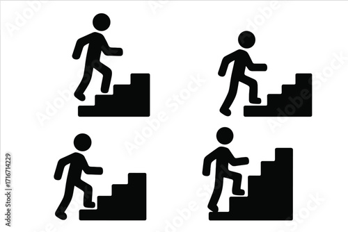 Man walking up the stairs icon set. Symbol for career growth, success, and progress. Business concept of climbing the corporate ladder for promotion. Vector illustration.