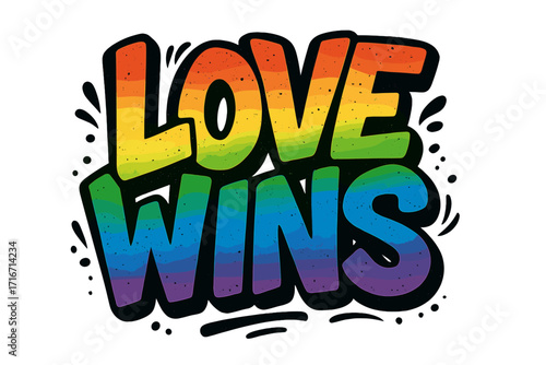 Love wins lettering in urban graffiti style. Rainbow textured typography for LGBTQ pride month. Gay, lesbian equality slogan. Vector illustration for t-shirt, poster, sticker.