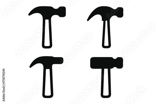 Set of hammer icons for construction and repair themes. Minimalist black and white tool silhouettes. Vector graphic illustration for carpentry, DIY, and handyman services.