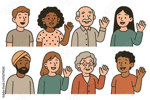 Multiethnic men and women of diverse ages saying hello. People from different cultures waving and greeting. International friendship and community concept vector illustration set.