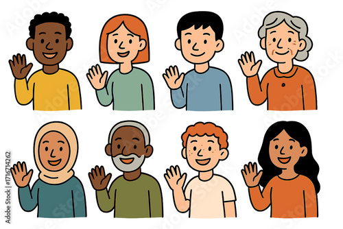 Diverse multiethnic people waving hello. Men, women, kids, seniors from around the world. Global communication, international friendship concept. Set of flat doodle vector portraits.