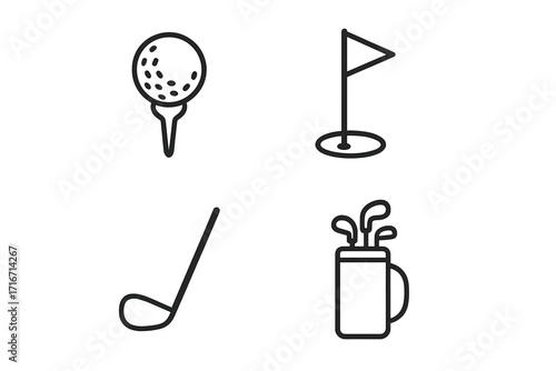 Golf icon set simple black line designs. Minimalist vector cartoon illustration for golf enthusiasts. Includes golf club, ball on tee, flag in hole, and golf bag icons.