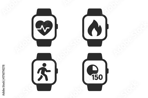 Fitness smartwatch icons set. Health tracking symbols for wearable technology. Vector pack with heart rate monitor, calorie burn counter, step tracker, and activity goal.
