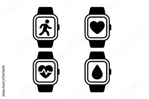 Smartwatch health tracker icon set. Minimalist vector symbols for fitness apps. Includes running, heart rate, pulse EKG, and hydration monitoring. Sport and wellness technology.