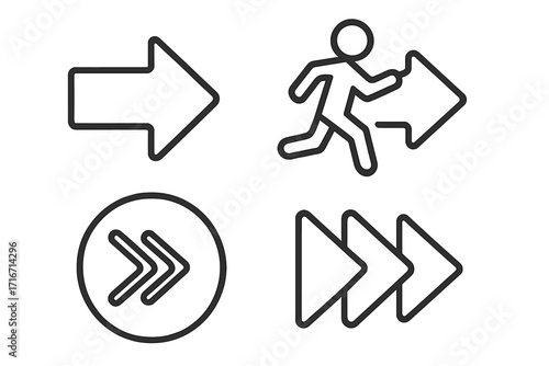 Arrow icon set. Next button symbol collection. Concept of forward, direction, progress, speed. Fast forward sign for UI. Vector pointer and running man for next step.