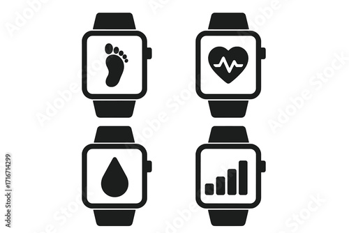 Minimalist fitness smartwatch icons for health tracking. Vector symbol set for pedometer, steps, heart rate monitor, hydration, and activity stats. Wearable technology.