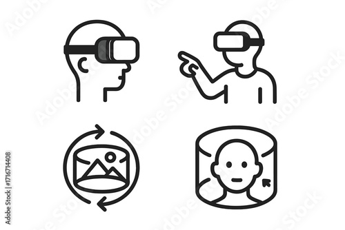 Virtual reality icon set minimalist symbols for immersive interactive technology, VR headset user, 360-degree experience, panoramic view, virtual environment vector cartoon illustration