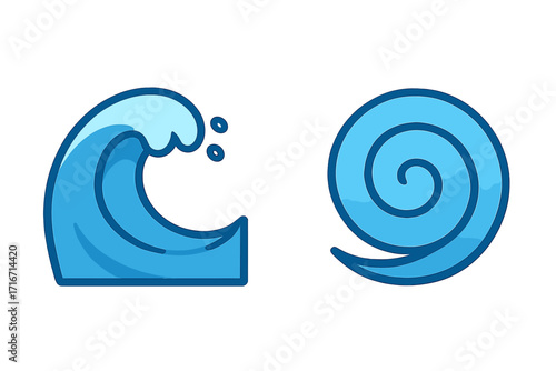 Wave icon set vector illustration. Ocean sea water symbol collection. Flat cartoon style for logo or web design. Surfing splash, spiral swirl, and tsunami ripple graphic.