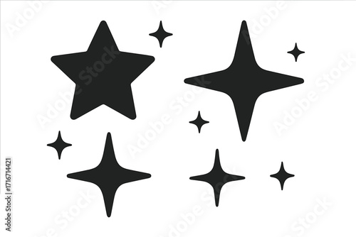 Set of black star and sparkle icons. Vector graphic illustration. Twinkle, glitter, and shine symbols for decoration. Celestial shapes collection isolated on white background.
