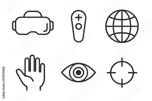 Virtual reality line icons set with VR headset, controller, globe, hand, eye, and target symbols, vector cartoon illustration for technology, gaming, and digital interaction concepts