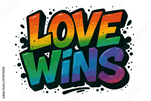 Love wins graffiti lettering. Urban street art typography with rainbow texture. Pride month vector illustration for t-shirt print. LGBTQ gay equality support concept.