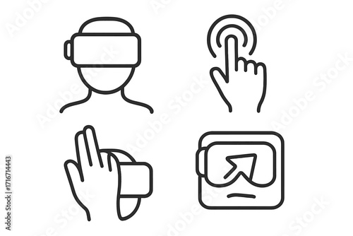 Minimalist virtual reality symbols collection with VR headset and dynamic hand gestures, linear style vector cartoon illustration set with transparent background, technology icons