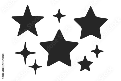 Star and sparkle icons set. Black silhouette shapes collection. Simple flat vector graphic illustration. Twinkle, shiny, glitter, magic symbols for design. Abstract decoration element.