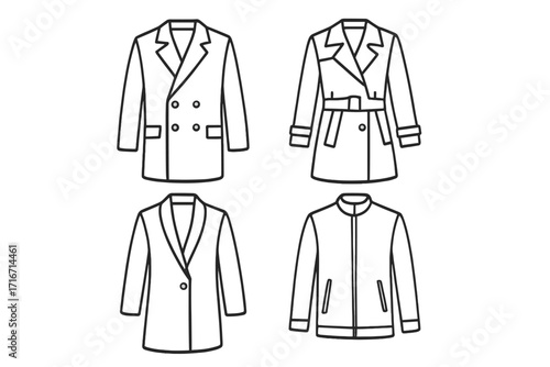 Set of minimalist outline coats. Vector line art icons collection of classic and modern outerwear. Fashion apparel illustrations, including trench coat, pea coat, and bomber jacket.