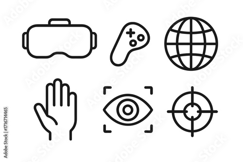 Virtual reality headset and controller line icons with globe, hand, eye, and target symbols, vector cartoon illustration set for VR technology, gaming, AR, navigation, and interface design