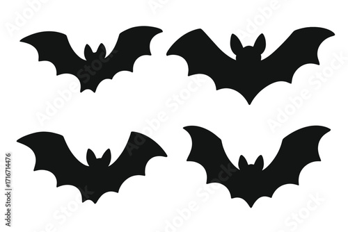 Set of black bat silhouettes. Halloween spooky scary horror design element. Flying vampire bat icon collection. Gothic nocturnal animal shape. Vector graphic illustration.