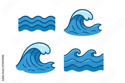 Blue ocean wave icon set. Vector cartoon illustration of sea water symbols. Collection for surfing design, nature logos, or abstract tidal flow and ripple concepts.