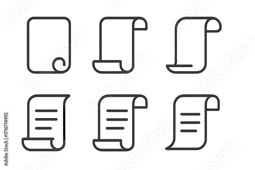 Rolled paper scroll icon set. Minimalist linear design collection. Vector document, list, file, report, and contract symbols. Simple outline parchment pictogram illustrations.