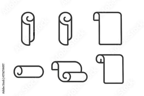 Collection of rolled paper and parchment scroll line icons. Minimalist vector set for documents, maps, or historical manuscripts. Simple outline symbols for legal or office use.