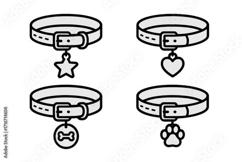 Dog collars with tags outline icon set. Pet accessory collection with star, heart, bone, and paw print charms. Vector illustration for pet shop, animal care concept.