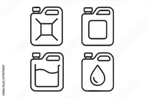 Set of jerry can outline icons. Minimalist vector illustration of canisters for fuel, oil, gasoline, and liquid storage. Line art symbols for petrol, diesel, and water.