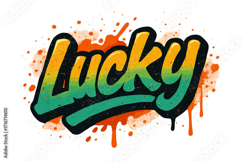 Lucky urban graffiti style lettering word. Textured vector calligraphy spray sticker illustration. Splash effects, leaks and drips. Nostalgia for 1980s 1990s hip hop street art.