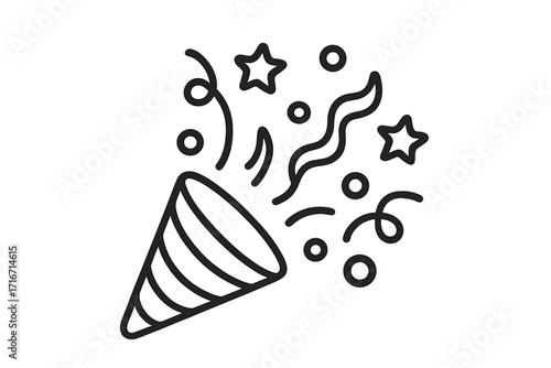 Confetti popper icon. Party cracker exploding with stars and serpentine. Simple vector line art illustration. Symbol of celebration, fun, success, birthday, new year, holiday.