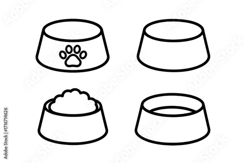 Pet bowls collection. Simple linear icons for dog or cat feeders. Vector cartoon illustration set with full, empty, water, and food bowls with a paw print symbol.