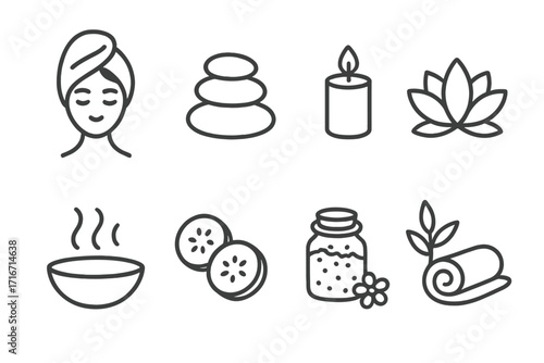 Spa and Wellness Line Art Icons Set with Relaxation Symbols, Candle, Lotus, Stones, Towel, Cucumber Slices, and Aromatherapy Elements for Health and Beauty Concepts