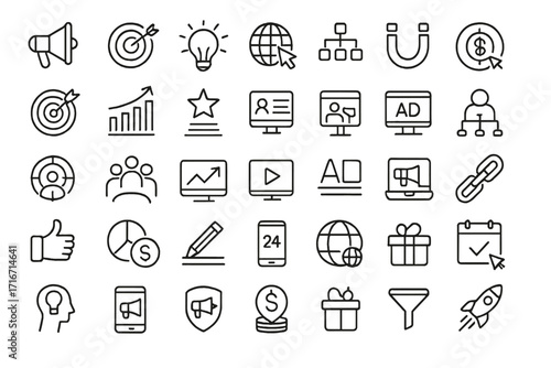 Marketing and advertising line icon set. Digital strategy, promotion, SEO, targeting, social media and analytics symbols. Essential business and brand presence toolkit vectors.