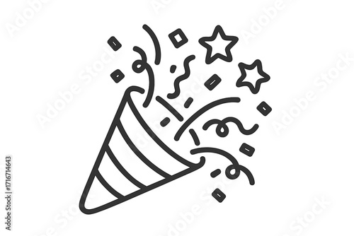 Party popper with exploding confetti and stars. Simple line icon for celebration, fun, and success. Vector graphic for birthday, new year, and event. Surprise achievement.