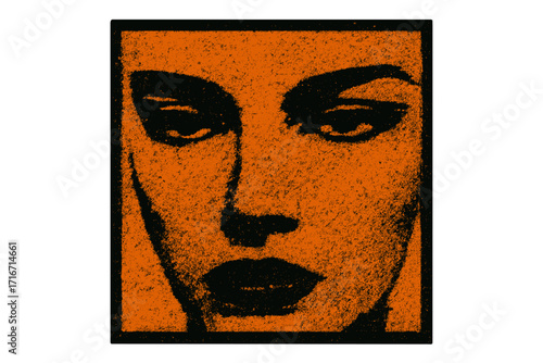 Retro futuristic poster template. Woman's face with grunge dotted effect. Abstract brutalism print design. Dark female eyes and mouth. Intense gaze. Vector for covers, prints.