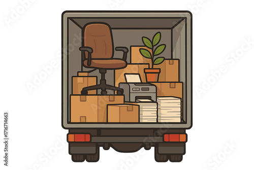 Office moving concept vector illustration. Relocation service. Back view of truck with furniture, equipment. Cardboard boxes, chair, printer, plant in lorry. We've moved.