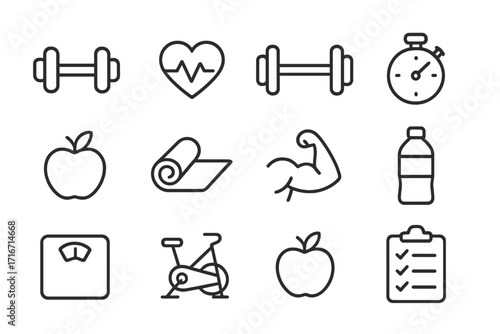 Minimalist fitness and health icons set with dumbbells, heartbeat, stopwatch, apple, yoga mat, muscle arm, water bottle, scale, exercise bike, and checklist in black outline style